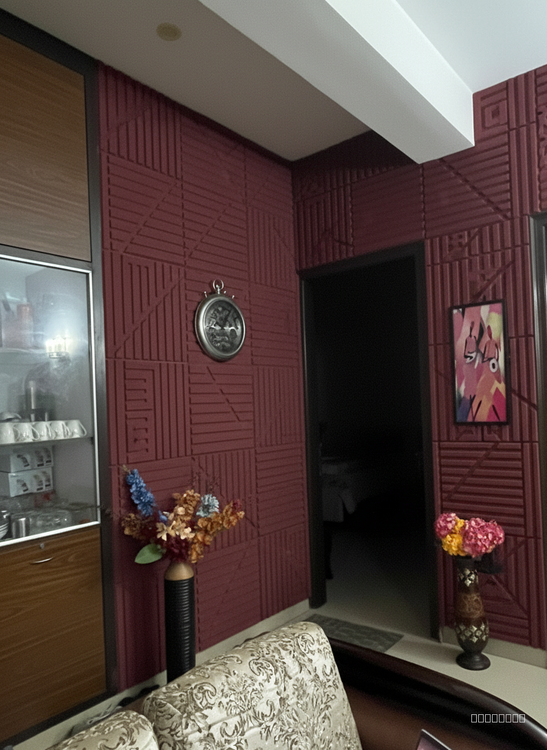Put acoustic cnc panels in maroon colour on the walls