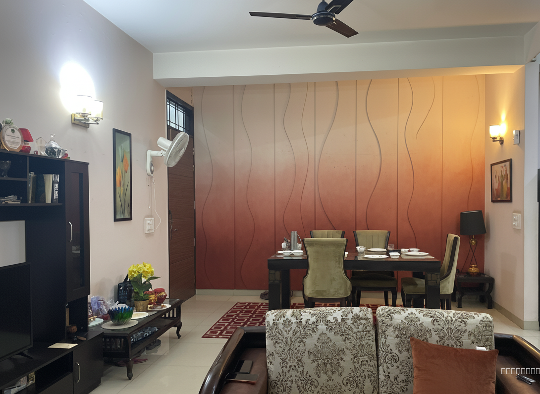 Redesign this area, chnage finishes, keep furniture same, put acoustic panels on front wall, make the area cosy and inviting, contemporary interior, keep flooring same, add rugs, contemporary modern but warm and cosy, ultra realistic, match wall paint to acoustic panels, ombre acoustic panel with cnc design, CHNAGE upholstery colour of chairs to complement interiors. Make the entire space luxury but cozy, ultra hd render 