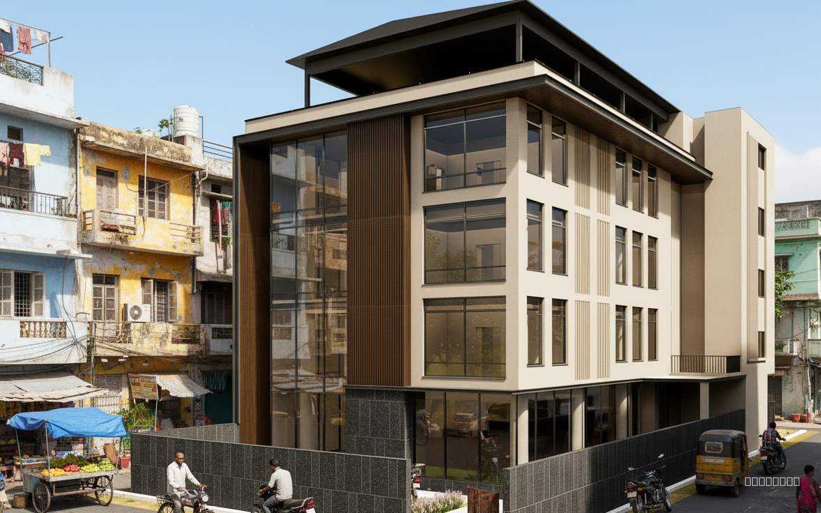 Make it hyper realistic like irl shot, in street address neighbour, indian neighbour hood and realistic recreation of this building 