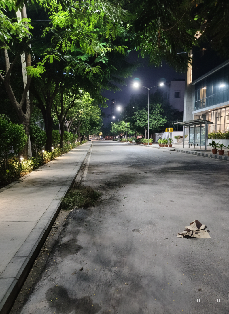 Enhance this road add greenery sidewalk urban City elements l