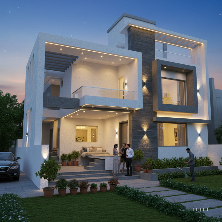 Complete this house, make it in ready stage in evening shot and humans around and ladscape