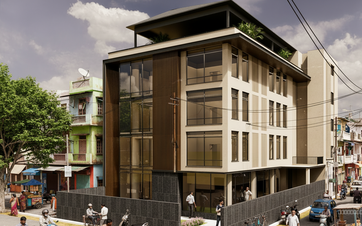 Make it hyper realistic like irl shot, in street address neighbour, indian neighbour hood and realistic recreation of this building 