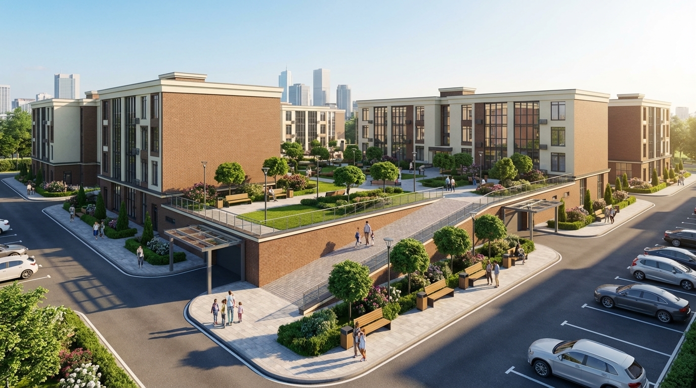 Render this residential complex exactly as designed, without altering its architecture, proportions, colors, façade materials, or geometry, including window sizes, shapes, and volumes.

Enhance the scene to be realistic, modern, and high-quality. Create a second-level courtyard located in the center of the residential complex, not outside the buildings. Include wide sidewalks, pedestrian walkways, benches, street lamps, trash bins, and decorative landscaping: green grass, neatly shaped trees, bushes, and flowerbeds, all matching the architectural style.

Add a ramp providing safe access to the second-level courtyard, integrated naturally with the buildings and landscaping. Include clean asphalt roads, organized parking spaces, several modern cars, and a realistic number of people — pedestrians, families, and residents — to create a lively atmosphere.

Add a subtle city skyline or urban background visible behind the complex, without distracting from the courtyard scene. Use soft daylight with realistic shadows and global illumination.

IMPORTANT: Place entrance ramps to the underground parking at the correct height — at the level of the first floor, elevated from the ground, exactly as in the original 3D model. Add modern metal-and-glass canopies above these ramps.

Ensure the final render is highly realistic, elegant, and visually cohesive, while preserving the exact form, geometry, and colors of the buildings.