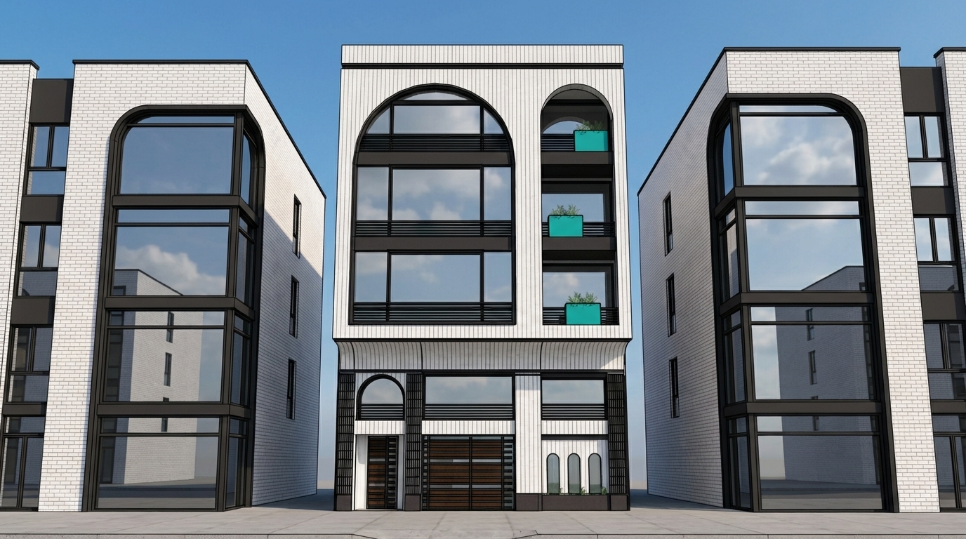 keep the design, add 4-story buildings on 2 sides as neighburs, add glass reflections, keep the door's design, keep the details, use modern white brick as the main material with a vertical pattern, set black matt metal as the material of arc frames and window frames