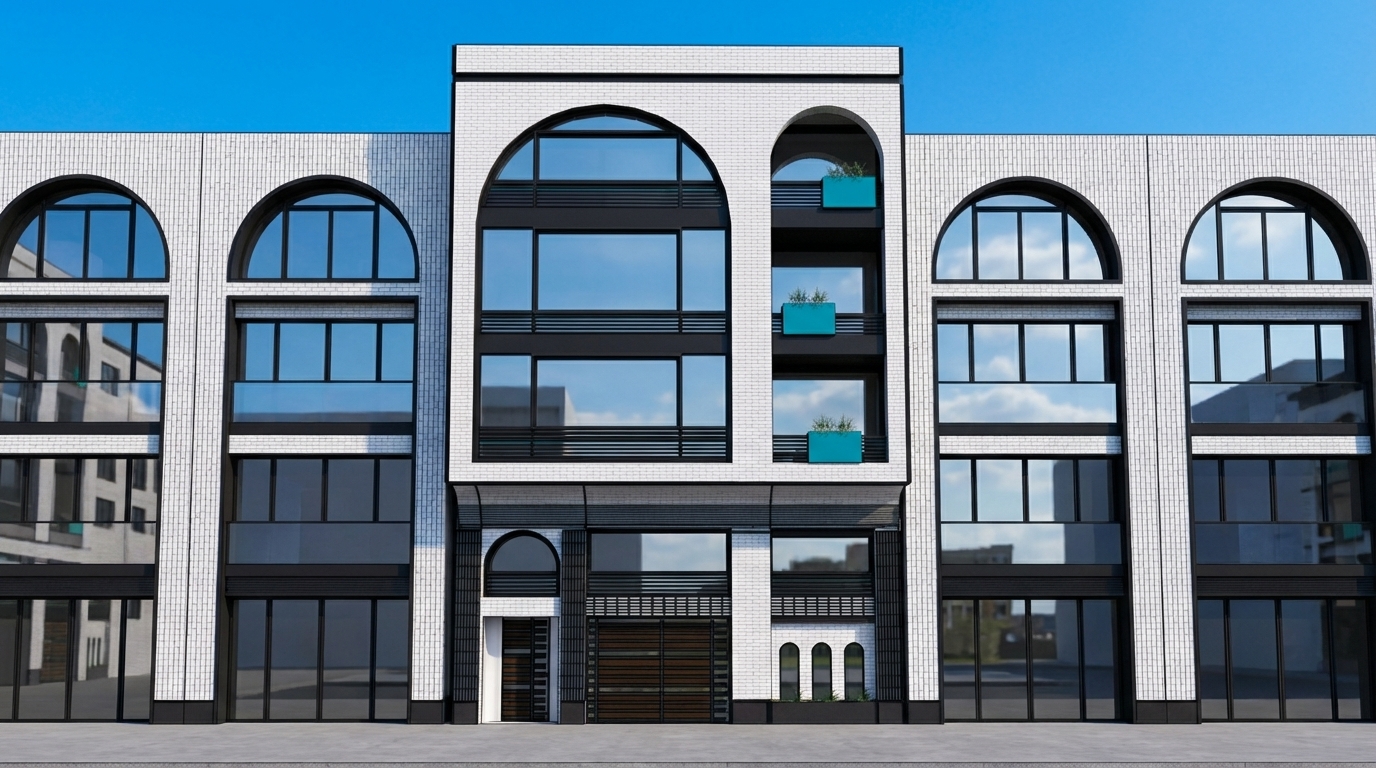 keep the design, add 4-story buildings on 2 sides as neighburs, add glass reflections, keep the door's design, keep the details, use modern white brick as the main material with a vertical pattern, set black matt metal as the material of arc frames and window frames