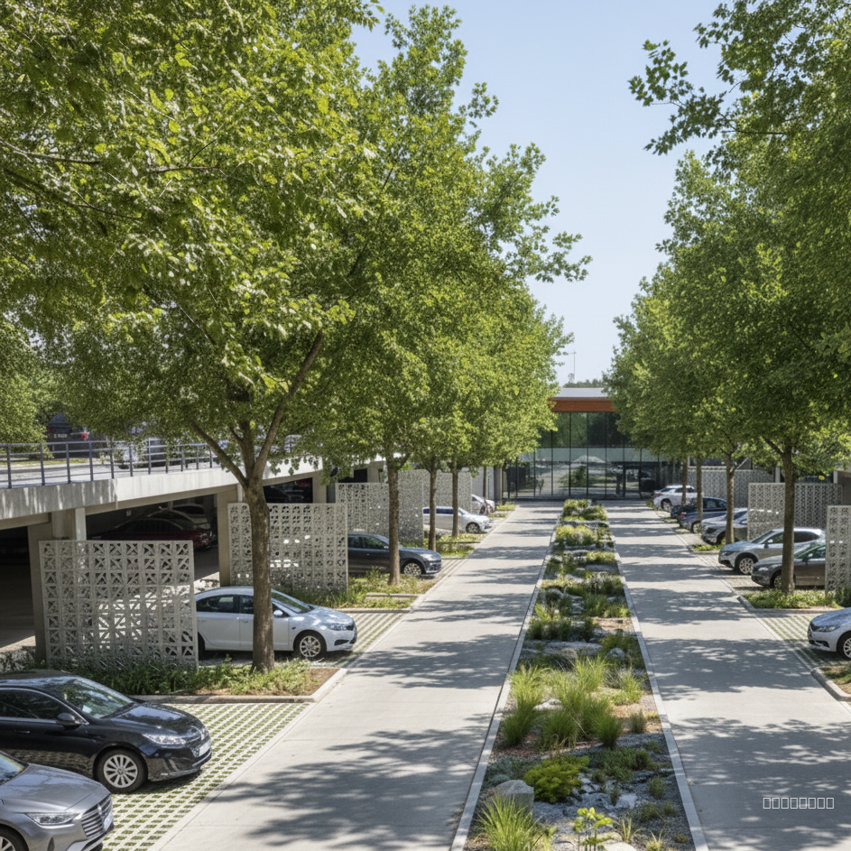generame un render del estacionamiento grande donde se vea el corredor con arboles verdes dandole sombra a los vehiculos y de los jardines de la lluvia en los corredores y el pavimento permeable y tambien con celosia de concreto de un solo nivel
