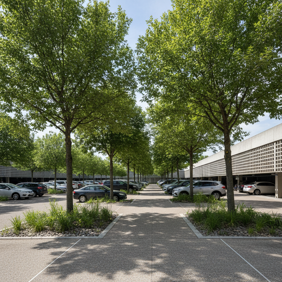 generame un render del estacionamiento grande donde se vea el corredor con arboles verdes dandole sombra a los vehiculos y de los jardines de la lluvia en los corredores y el pavimento permeable y tambien con celosia de concreto de un solo nivel