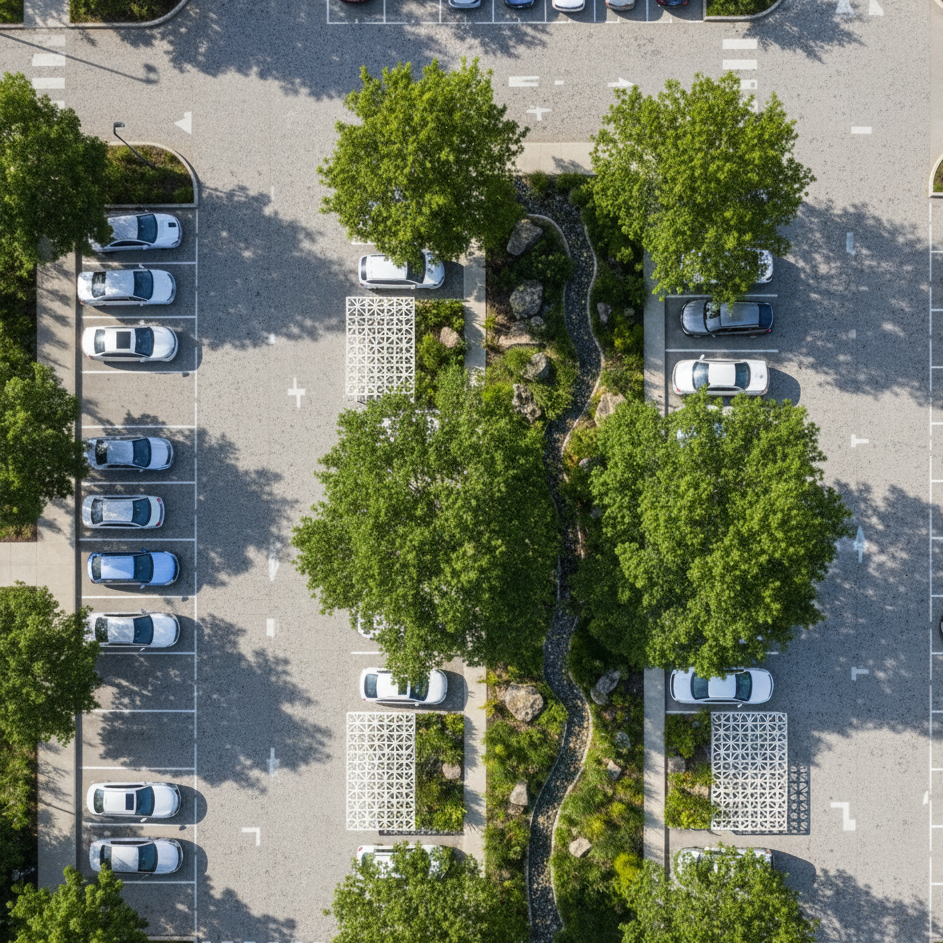 ahora generame un render del corredor verde con arboles que se encargan de darle sombras a los vehiculos que se vea el jardin de la llluvia, pavimento permeable y celosia de concreto que ayuda para el sol  y el viento