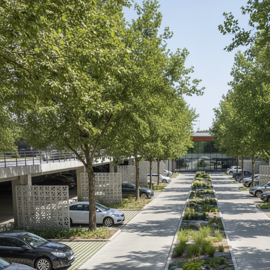 generame un render del estacionamiento grande donde se vea el corredor con arboles verdes dandole sombra a los vehiculos y de los jardines de la lluvia en los corredores y el pavimento permeable, que en el corredor se vea la celosia de concreto