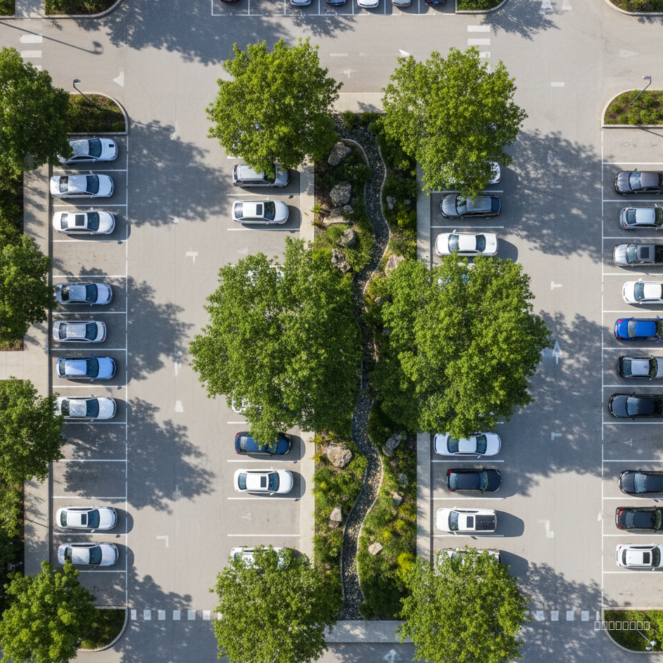 crea un render con visita en planta del estacionamiento con un corredor de arboles verdes que le dan sombra a los vehiculos, que se vea el pavimento impermeable y los jardines de lluvia