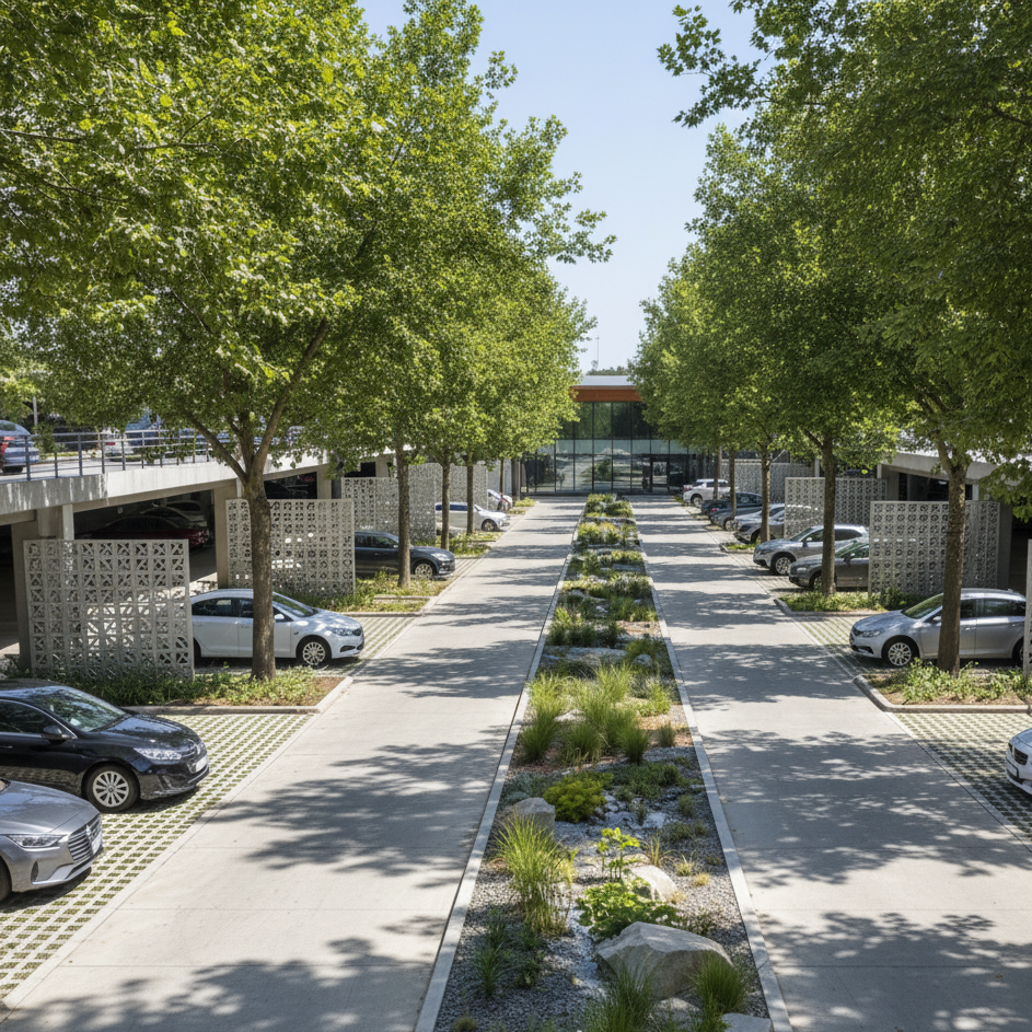 generame un render del estacionamiento grande donde se vea el corredor con arboles verdes dandole sombra a los vehiculos y de los jardines de la lluvia en los corredores y el pavimento permeable y tambien con celosia de concreto pero de un solo nivel y ese estacionamiento se encuentra en plaza de las americas en chetumal