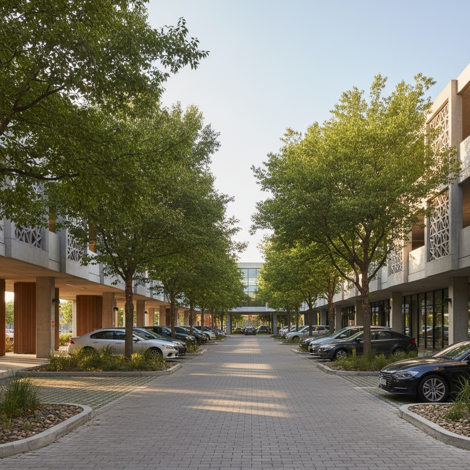 generame un render del estacionamiento grande donde se vea el corredor con arboles verdes dandole sombra a los vehiculos y de los jardines de la lluvia en los corredores y el pavimento permeable y tambien con celosia de concreto