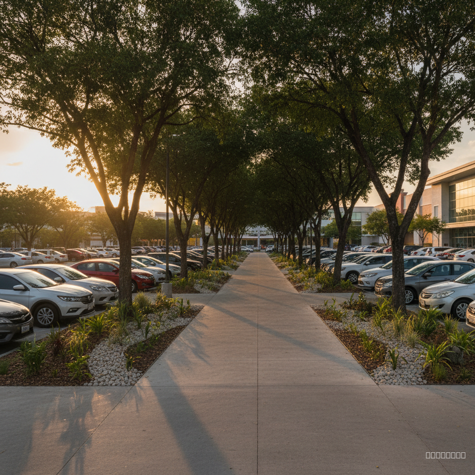 quiero un render de un estacionamiento grande con vehiculos donde tenga un corredor con muchos arboles que le generen sombra a los vehiculos, que se vea el jardin de lluvia, el pavimento impermeable es para mi proyecto de ola de calor urbana el lugar es en plaza de las americas en chetumal