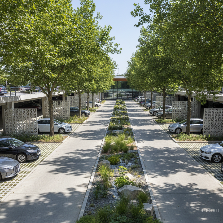 generame un render del estacionamiento grande donde se vea el corredor con arboles verdes dandole sombra a los vehiculos y de los jardines de la lluvia en los corredores y el pavimento permeable y tambien con celosia de concreto