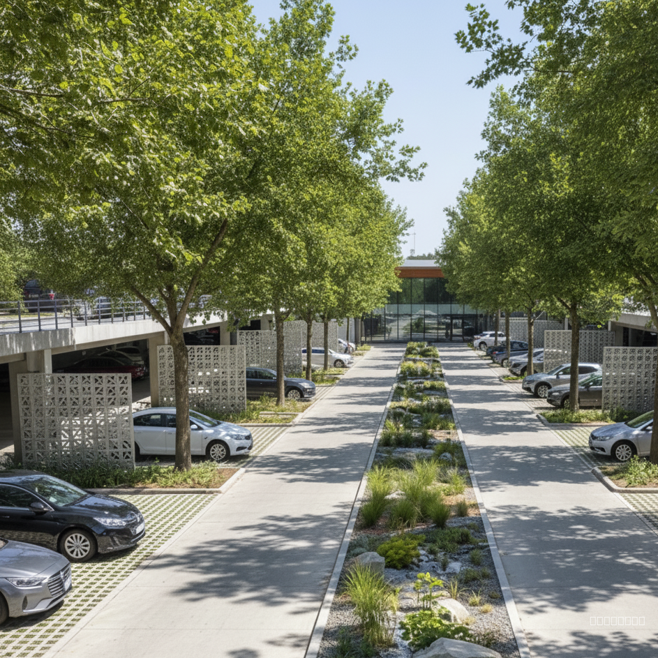 generame un render del estacionamiento grande donde se vea el corredor con arboles verdes dandole sombra a los vehiculos y de los jardines de la lluvia en los corredores y el pavimento permeable y tambien con celosia de concreto pero de un solo nivel y el lugar esta en una plaza