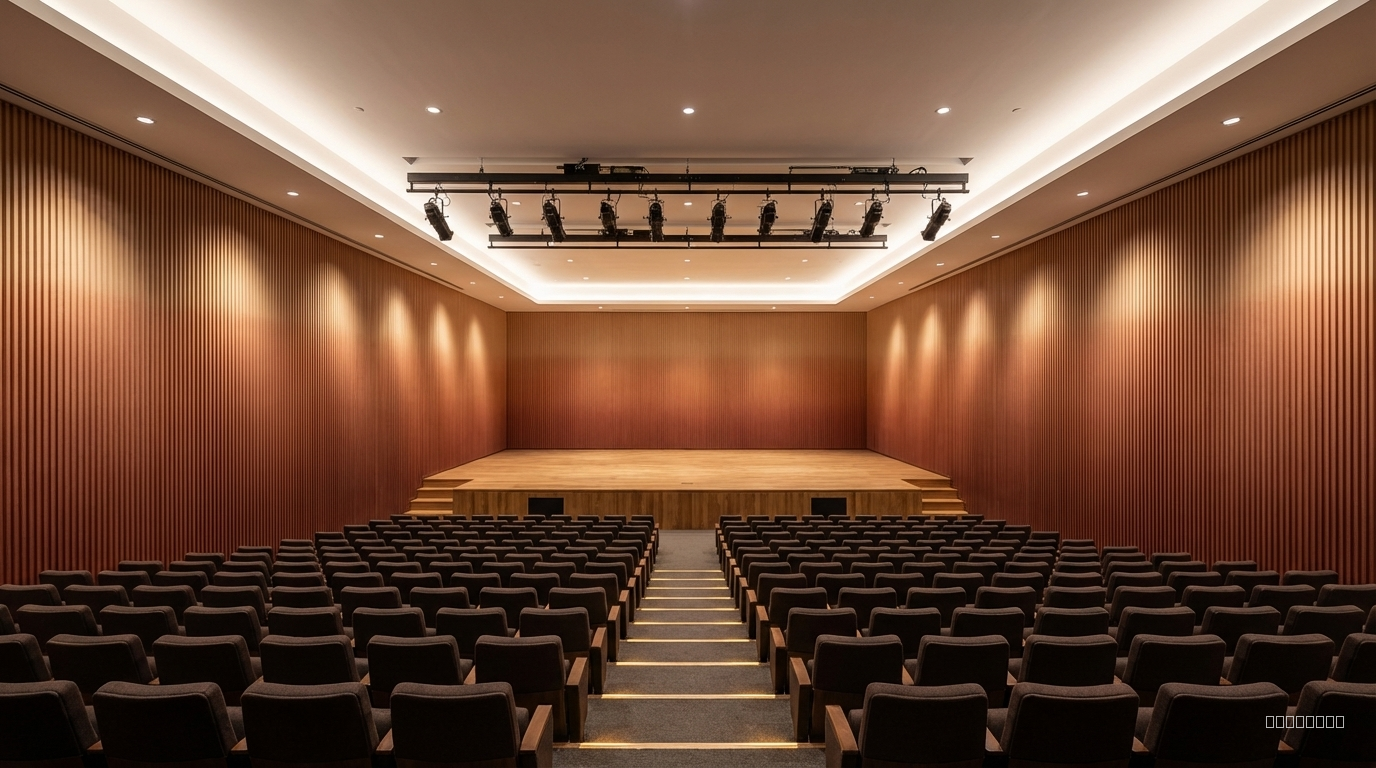 Imagine a high-class contemporary auditorium inspired by the attached reference panels — luxurious acoustic wall panels along the side walls. . A large, elegant wooden stage at the front with professional stage lighting rigs overhead. Ambient cove lighting wrapping the hall, warm spotlights grazing the acoustic panels, subtle floor lights guiding the aisles. Grand, spacious hall with plush seating, perfectly symmetrical layout. Mood is refined, cinematic, softly dramatic. View from mid-hall facing the stage, slightly wide-angle architectural lens (18–24mm), perfectly balanced exposure, crisp details, global illumination, realistic shadows, photoreal finish.