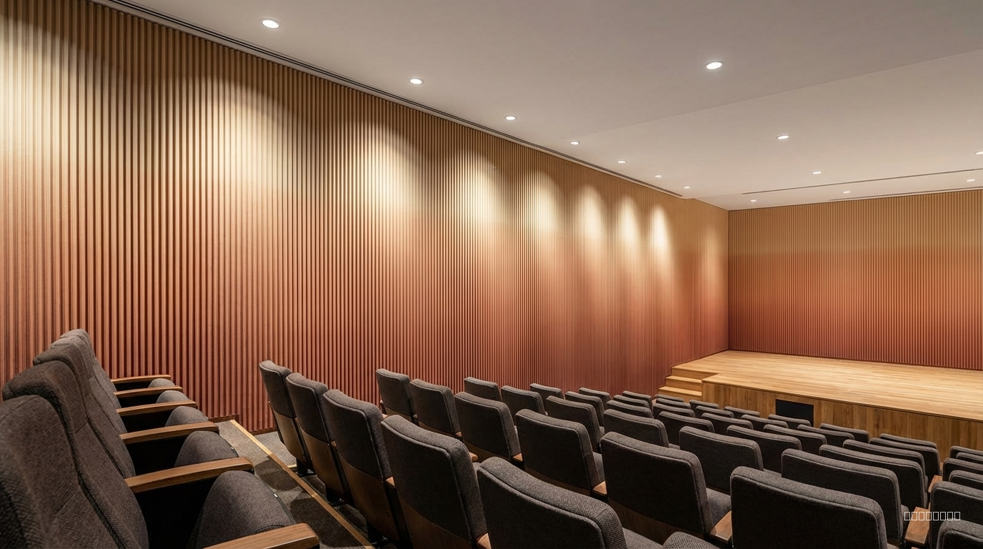 Modern premium auditorium viewed from the side, showing rows of upholstered seating in profile and the side wall fully clad in PET acoustic panels inspired by the reference. stage is visible at the far end, but no back wall is shown. Ceiling is clean with simple recessed lighting, no acoustic elements above. Warm wall-washer lighting highlights the panels, muted colour palette, timber stage floor, photorealistic high-detail interior .