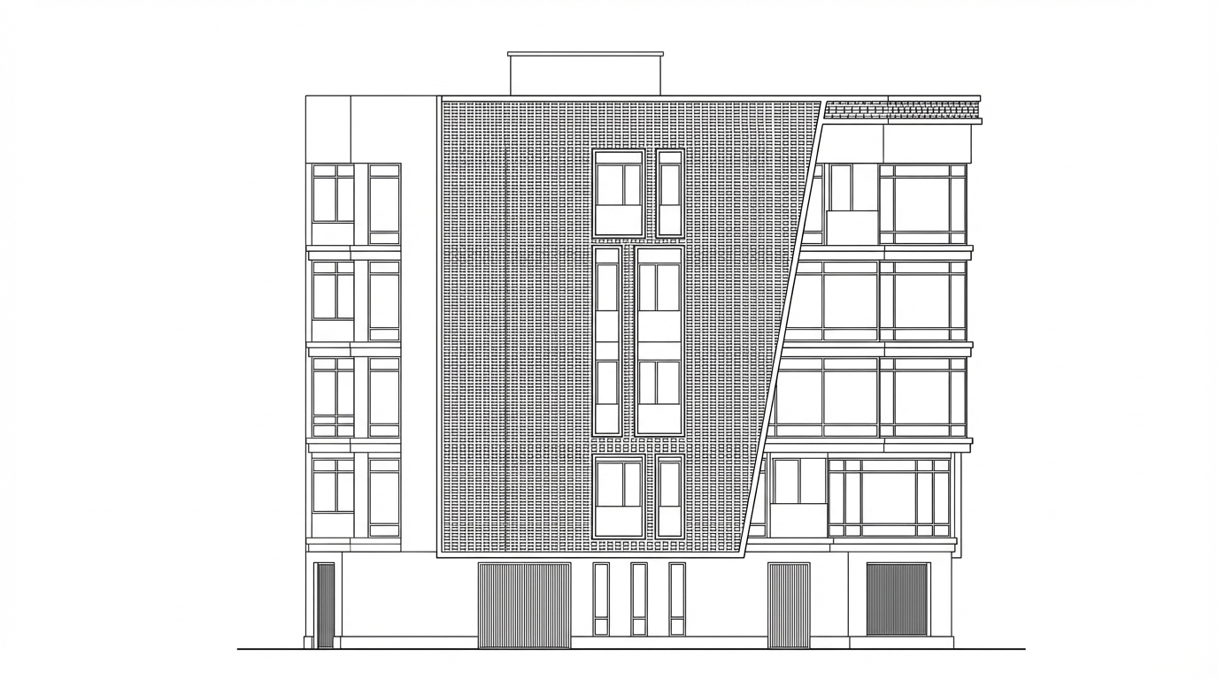 Make 2d autocad drawing on the building only, white background front view elevation drawing with black uniform lines.