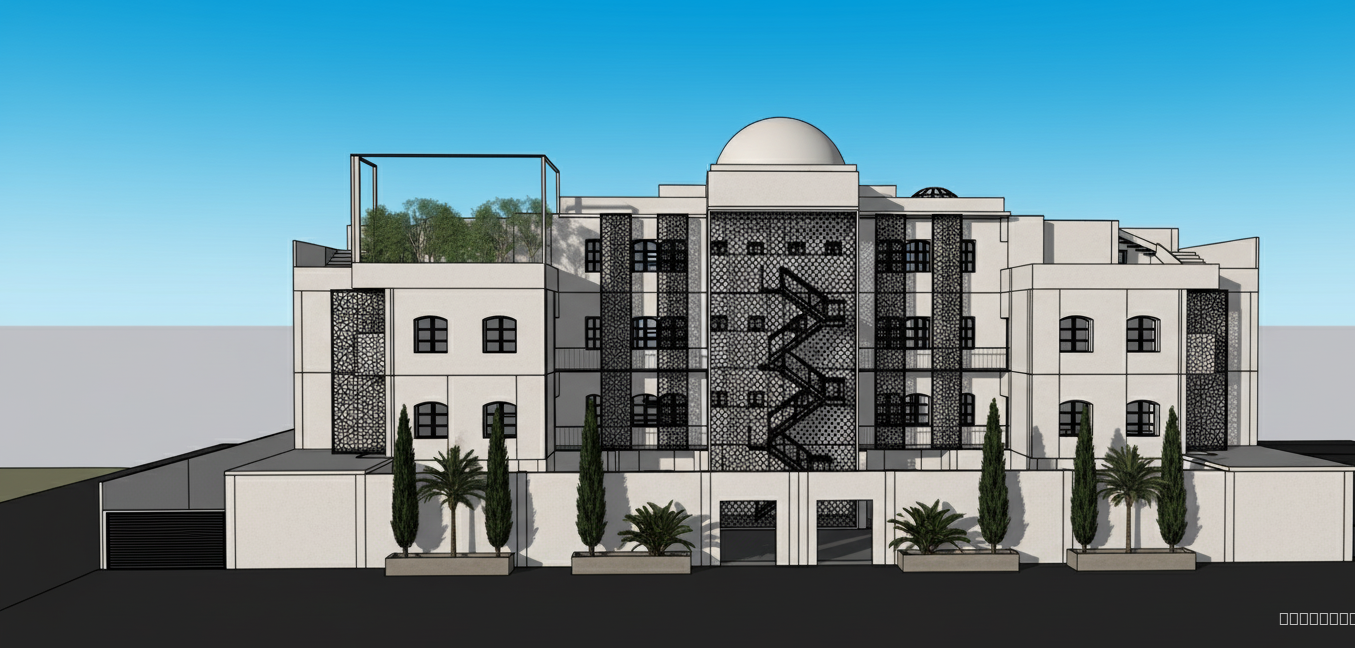 Conception de façade pour villa d’entreprise haut de gamme.
Préserver strictement les volumes existants de la villa (murs, dômes, hauteurs, ouvertures, cage d’escalier extérieure).
Style : Néo-Mauresque minimaliste, très contemporain, épuré et institutionnel.

Murs en stuc blanc cassé ou beige très clair, finition ultra-mate, légèrement texturée, aspect premium.
Dômes recouverts de plâtre blanc poli, parfaitement lisses, intégrés au volume sans rupture visuelle.

Brise-soleil et pare-soleil en aluminium noir mat ou bronze très foncé, découpés au laser, avec motifs géométriques minimalistes :
– quadrillage fin,
– lignes répétitives,
– hexagones sobres.
Aucune ornementation florale, aucun motif traditionnel chargé.
Brise-soleil intégrés comme éléments architecturaux contemporains.

Fenêtres en aluminium noir mat, lignes fines, design rigoureux et professionnel.
Pas de couleur, pas d’accent décoratif : uniquement des matières neutres et architecturales.

Éclairage architectural intégré :
– éclairage encastré, invisible,
– faisceaux rasants mettant en valeur la texture du stuc et les volumes,
– ambiance sobre, très haut de gamme, corporate.

Aménagement paysager structuré :
– arbres architecturaux (oliviers, palmiers élancés, cyprès),
– végétation minimaliste en pots massifs neutres,
– composition graphique, symétrique et maîtrisée.

Rendu photoréaliste, ultra-détaillé, lumière de fin d’après-midi, ombres profondes révélant les volumes.
Ambiance générale : luxe discret, sobriété, modernité intemporelle, façade professionnelle à forte identité visuelle.