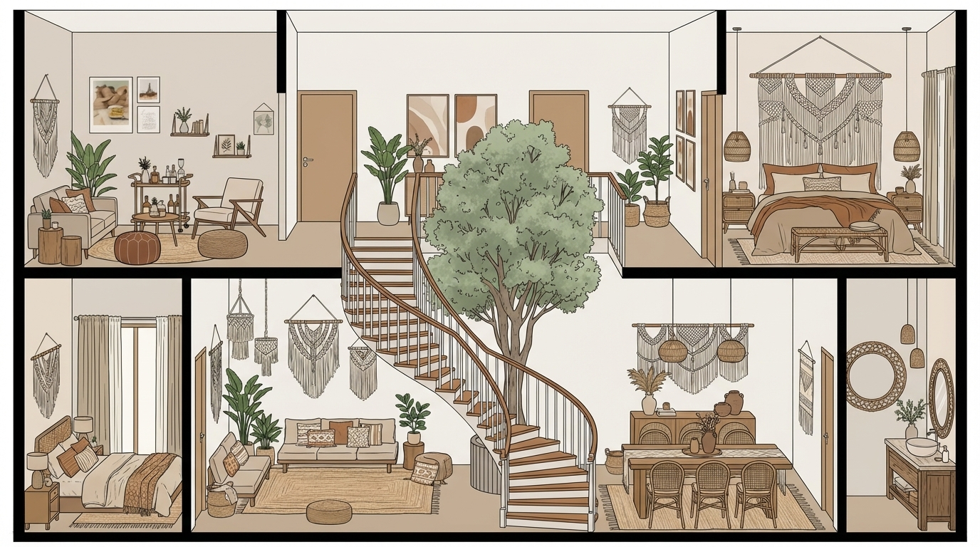 .
On the ground floor, the grand ceremonial staircase is placed at the front of the section, centered, with all interior furniture and spaces clearly visible behind it. From right to left behind the staircase: a guest wash basin area, a warm natural dining space, a cozy boho reception/living area, and at the far left a comfortable guest bedroom. A large indoor tree rises through both floors as a vertical focal point.

The upper floor layout: on the right is the master bedroom, in the center a corridor, and on the left a relaxing room with a coffee corner.

Overall style: modern bohemian with earthy tones — warm beige, soft greens, muted light orange, sandy neutrals, and natural wood. Add indoor plants, wall-hung macramé art, macramé chandeliers, woven and rattan textures, pottery, and natural fabrics. Warm ambient lighting, detailed materials, clean-cut section linework, and a calm airy atmosphere.
Strictly keep the view as a flat architectural section with no added depth, no perspective distortion, and clear readable interior spaces.
