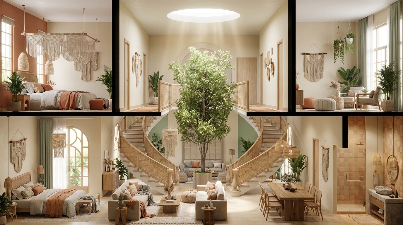 High-quality interior architectural section render of a two-story bohemian villa. The ground floor layout from right to left includes: a guest wash basin area, a cozy dining space, a warm boho reception/living area, and at the far left a comfortable guest bedroom. In the center of the villa, a grand ceremonial double staircase rises around a large indoor tree that grows through both floors, acting as the focal point.
The upper floor features the master bedroom on the left, a corridor connecting the rooms in the middle, and a calm coffee-corner/lounge space on the right.

Design style: modern bohemian with soft earthy tones — warm beige, soft greens, muted orange, light natural wood, and pastel neutrals. Add indoor plants, wall-hung macramé art, macramé chandeliers, woven textures, natural fabrics, rattan elements, pottery, and soft ambient lighting. Ensure the overall mood feels airy, natural, warm, welcoming, and filled with boho decorative details.
Ultra-realistic materials, soft global illumination, volumetric light, high-detail textures, clean linework and neat section cut.