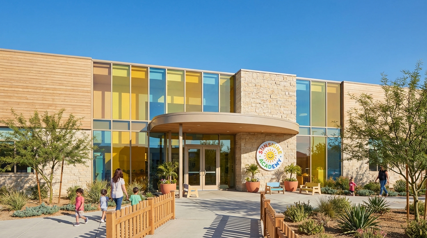 Create a facade design for a contemporary luxury school, pre school, it should be inviting, scale and proportions suitable for kids, 