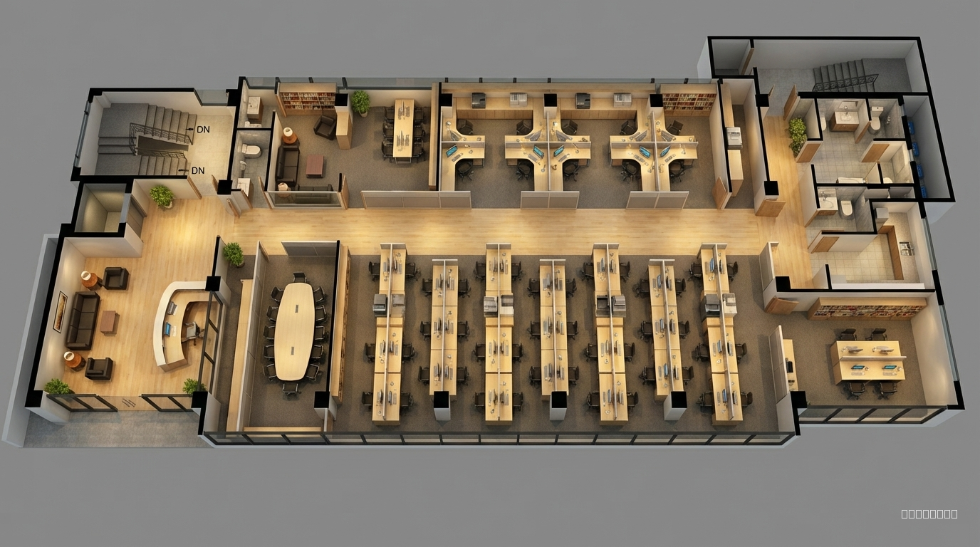 Convert this floor plan into high angle office layout as shown in style refrence . but refer the plan as attached  image (floor plan)