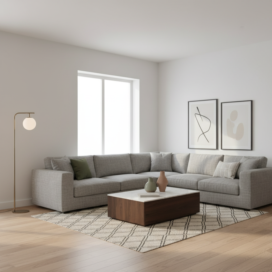 User Request: " Maintain aspect ratio and replicate floor/wall designs precisely. Based on the reference moodboard, furnish a modern living room. Walls are smooth, matte white plaster. Flooring is wide-plank, light oak hardwood with a subtle grain. Introduce a large, sectional sofa upholstered in textured grey linen. Add a low, rectangular coffee table of dark walnut with a honed marble top. Position a floor lamp with a brushed brass finish and a warm LED bulb behind the sofa. Natural light streams through a large window, casting soft shadows. Include a woven jute rug with a geometric pattern. Accessorize with ceramic vases in muted earth tones and abstract art on the walls. Overall, aim for a minimalist, sophisticated aesthetic with a focus on texture and natural materials."

Reference from @version 5:
- Original prompt: "add furniture"
- Style: realistic
- Quality: standard
- Aspect ratio: 16:9
- Image type: 3d-mass
- Processing time: 7s

Please generate a new image based on the user request, using the referenced version(s) as context. Maintain consistency with the referenced styles and settings where appropriate, but prioritize the user's specific request.