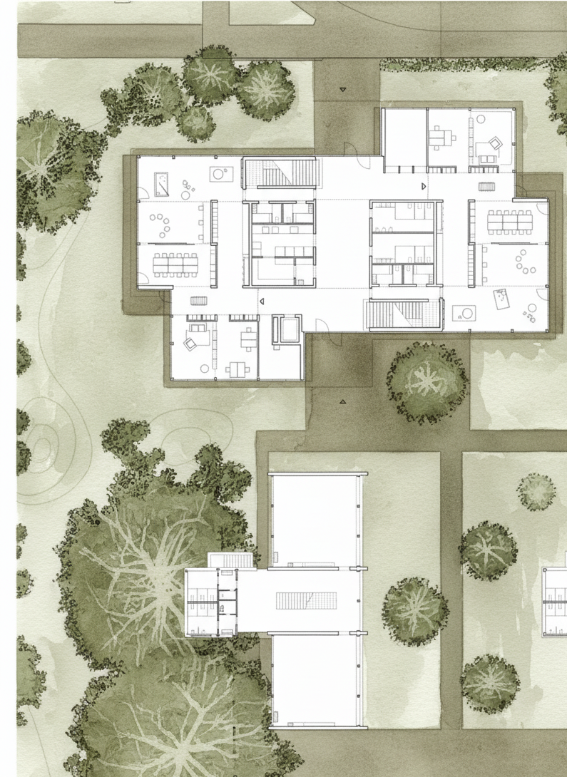 Make the render int he style of a watercolour painting witht hewalls and details in white & the other details in darker tones of grren, brown