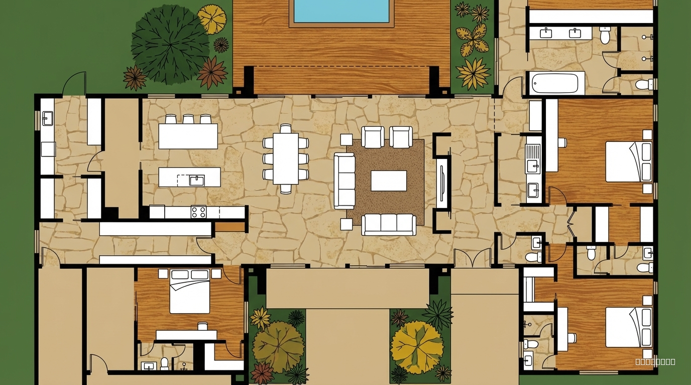 Use the uploaded bare floor plan as base. Keep all walls, openings, furniture shapes and layout exactly the same. Apply illustration style colours . Bedrooms → wood-tone floor Common areas → stone-tone floor Sofa zone → rug under sofa Pool → timber deck around pool Landscaping → simple detailed flat-colour plants Furniture → white only Clean outlines. refere style ref for material style and colour reference