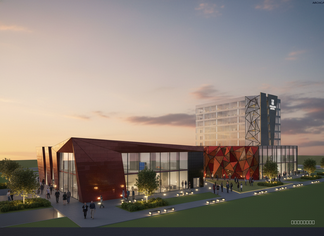 This is a hotel and shopping mall, i dont want u to change the strucutre, but u can change the materials a bit if needed, add lights where its needed in the ground and in the building, also i want the dark red part to be shiny concrete like tiles, but match the colors correctly since i didnt do it properly. Make it highly realistic by adding people and greenery too, i want the sky to be around afternoon - evening so the lights are seen, also dont change the number of windows or the number of floors in the hotel tower . Also the text on the hotel building says THE PULSE HOTEL so dont change it, the perspective in this photo makes the shopping mall thats nearer look too big so fix that since it only has two floors and it looks too big compared to the hotel , dont exaggerate just fix it simply, also the windows make everything thats inside be seen, i dont want that make them slightly less transparent, also the triangluar facade thats colorful has to be glass, doesnt mean it should be Very transparent but its glass not tiles just like on the hotel tower, but the hotel towers glass is clear and the ground floor one is colorful but in reddish tones NOT TOO RED 