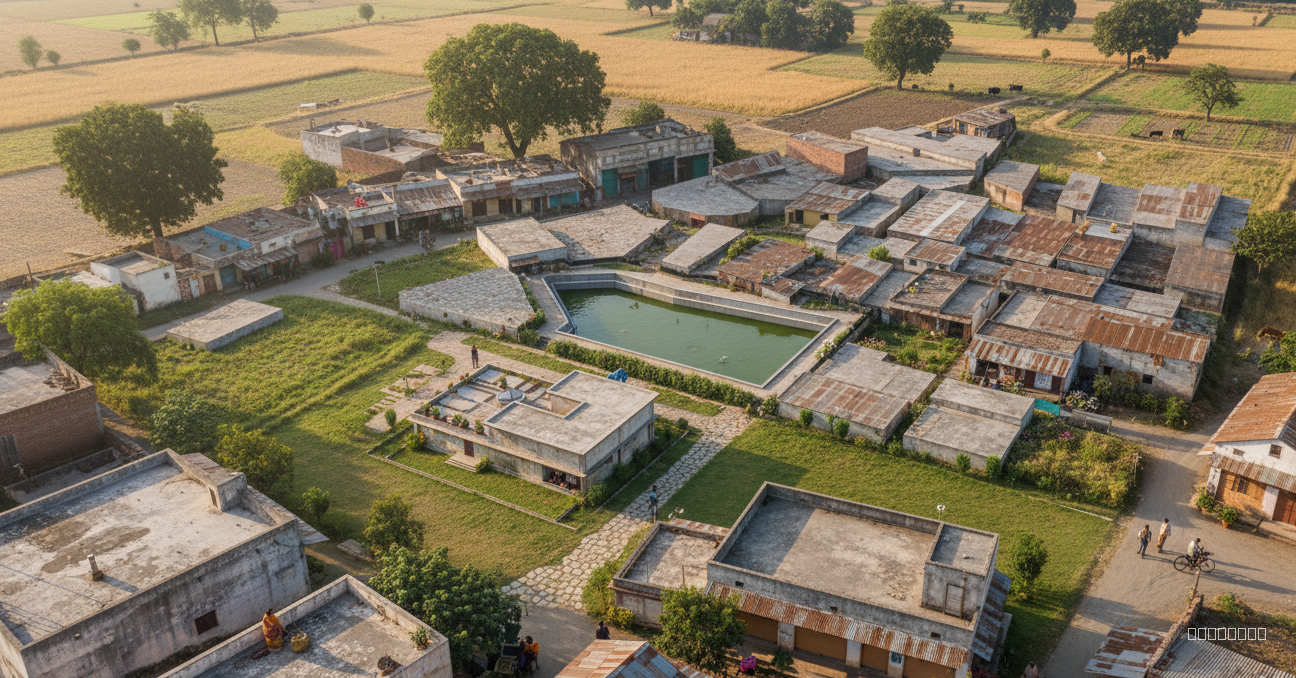 Create a highly realistic render of my SketchUp model placed accurately inside a rural Indian village environment, matching the exact context shown in the Google Earth reference image. Keep all building shapes, pond geometry, and layout exactly as in the SketchUp model without altering the structure.

Apply realistic textures inspired by the village: earthy tones, worn concrete, brick walls, tin/metal roofing, weathered plaster, and natural stone pathways. Add lush rural greenery consistent with the map image—grass, bushes, scattered trees, agricultural fields, and natural ground textures.

Make the pond water realistic with subtle reflections and natural color variations. Add village life elements: a few people walking or standing, a person in motion, bicycles, livestock in the background (optional), and birds flying in the sky. Place benches around the pond area and add flowers or small shrubs in the green zones. Add realistic doors and shutters to the shopfronts while keeping their sizes unchanged.

Lighting should match the warm natural daylight seen in the satellite image, with soft shadows. The final render should feel like an actual photograph of the site, blending the model seamlessly with the surrounding landscape and village environment