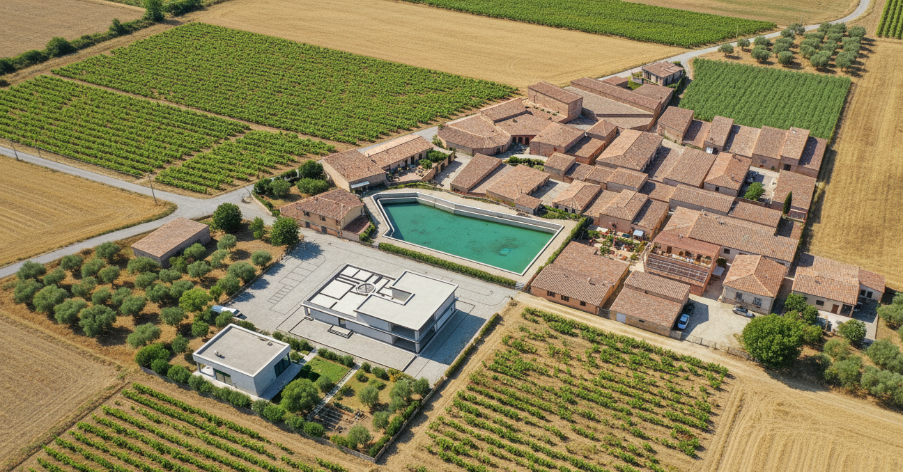 Aerial photorealistic architectural visualization of a rural village and its surrounding agricultural landscape, captured from a high, oblique angle, directly transforming the provided 3D model geometry. The scene is bathed in bright, clear midday cinematic sunlight, casting distinct and relatively short shadows. The atmosphere is serene and rural, typical of a warm climate. The viewpoint and composition match the provided model image, ensuring the geometry of the main buildings and central pond is perfectly preserved.