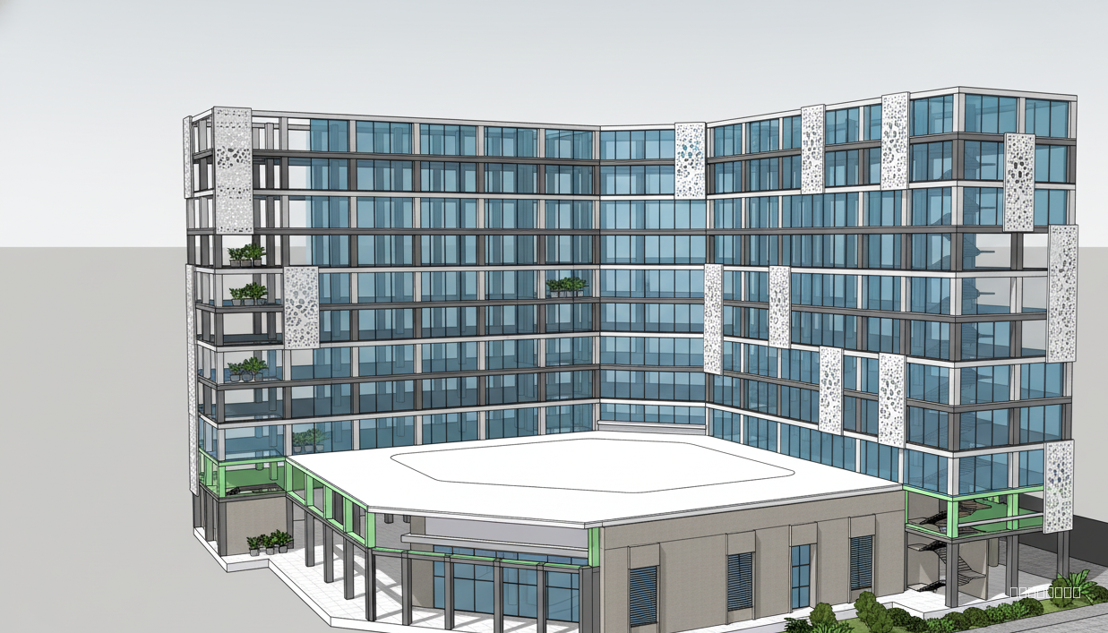 Structure for a university hostel in Noida, give facde design option, modern lightweight, indian neoclassical style