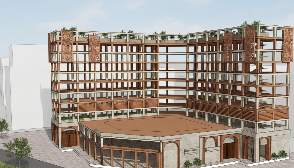 intresting modern with indian influence facade design for hostel building in noida, india. lightw3eight structure, design elements aaprt from glass