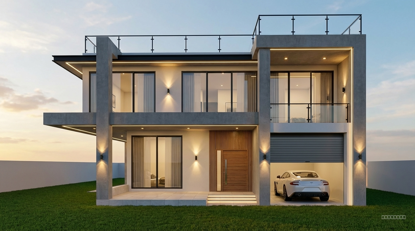 Ultra-realistic render of a two-story contemporary luxury house using light materials: smooth gray concrete, white cement, and light tiles. Sharp modern volumes with clean façade breaks. Glass roof railings and black metal flashing. Keep the exact window, parking, and entrance layout (no changes). Linear and halogen exterior lighting with bright wall strips. Green lawn. Half-open black garage door with a white car inside. Wooden main door with slim wooden tile cladding. Three upstairs bedrooms with full-height opening glass doors facing a balcony. Extremely modern, luxurious, bright, and sharply detailed. Evening render with a clear sky and light clouds