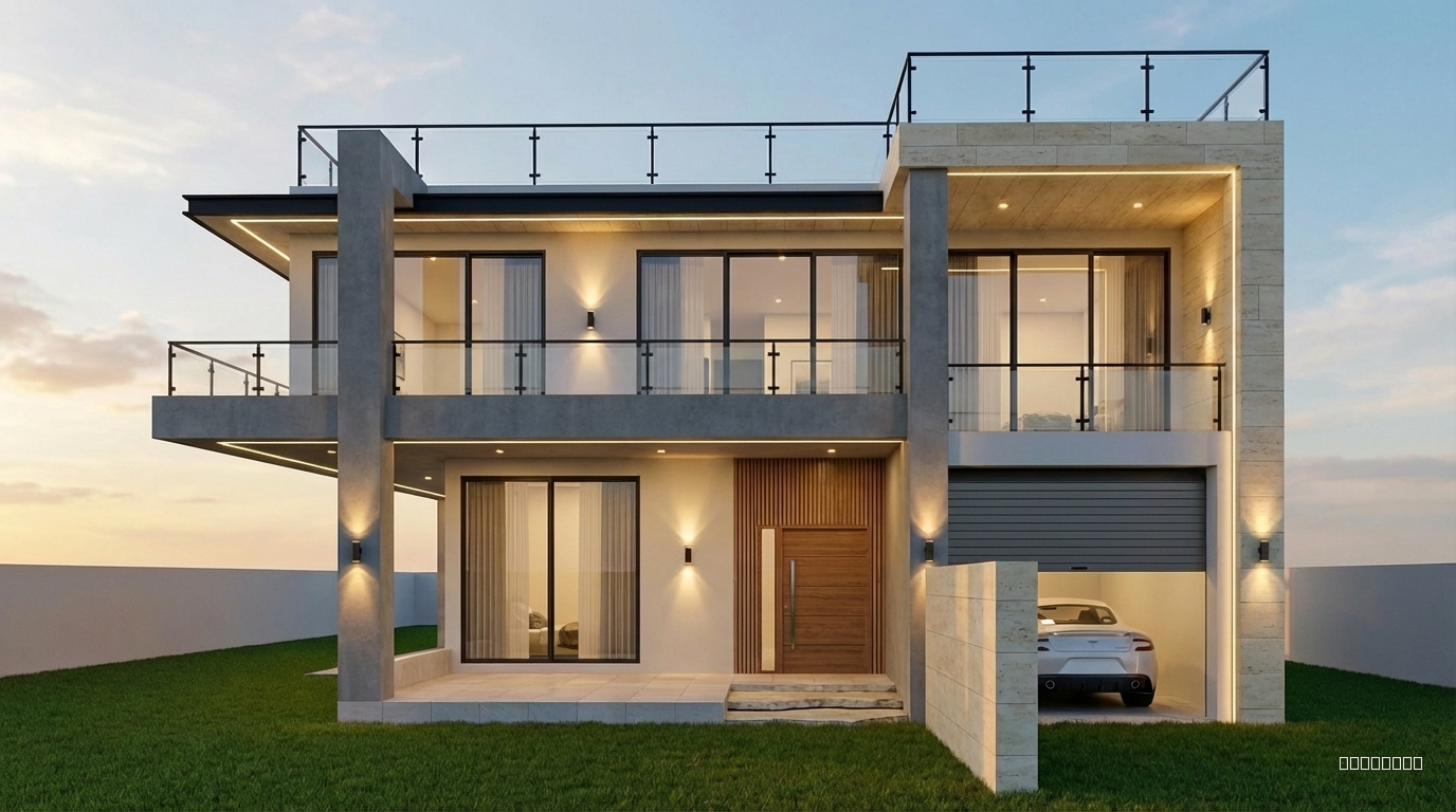 make this changes tothis same render which you gave, just modify dont change 

Ultra-realistic evening render of a two-story contemporary luxury house with smooth gray concrete, white cement, and cream stone. Sharp modern volumes, 30 cm roof parapet with cream stone underside, glass top and black flashing. Natural irregular stone slabs at the entrance, clean driveway to the garage, L-shaped cream stone wall beside parking. Keep all original window/parking/entrance layout. Linear and halogen exterior lighting, bright wall strips, green lawn, half-open black garage door with white car, wooden main door with slim wood tiles. Three upstairs rooms with full-height glass doors to the balcony. Very modern, warm, and sharply detailed."