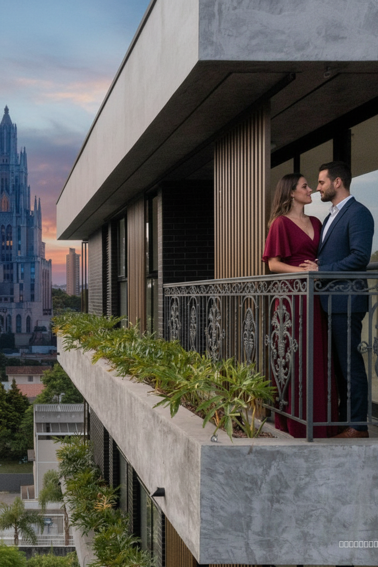 "Create a collage illustration in the established style, featuring the same couple on a balcony overlooking a cityscape at dusk. The balcony is constructed of wrought iron with intricate floral patterns, painted a deep charcoal gray. The floor is as per the image. The woman wears a flowing dress of deep crimson, while the man is in a navy linen suit. The city behind them is a mix of art deco and gothic architecture, rendered in muted blues, purples, and oranges to capture the sunset. Lighting is soft and diffused, with subtle highlights on the couple's faces. Maintain the hand-drawn, textured feel of the previous illustrations, emphasizing layered paper and slightly imperfect edges. Composition should focus on a medium shot, capturing the couple's interaction and the architectural details of the balcony, with the cityscape providing a blurred, dreamlike backdrop. Kedep the architecture dteails od the uplaode image the exact same
