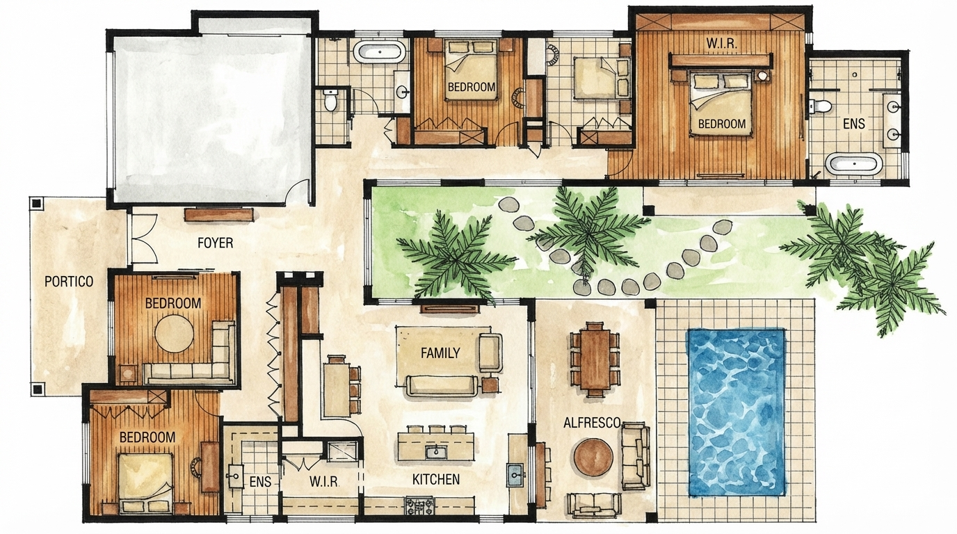 Render floor plan, keep the layout, furniture, walls exactly same, plan orientation to remain the same is only put materials & colours on the 2d floor plan. Ink style render to match the reference image, bedrooms to have wooden flooring, common areas to have beige fine grain marble, put texture in water of swimming pool. Copy the rendering style of reference image. Remove logo, add "bedroom" text to all bedrooms