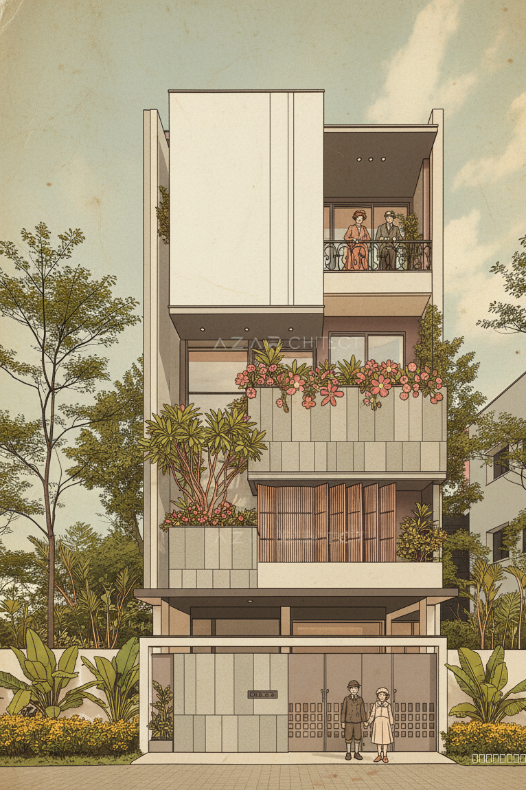 "Maintain original building proportions and design. Render a flat, 2D illustration in the style of vintage comics, using a limited palette of faded retro colors: muted teals, ochres, and rose pinks. Simulate the effect of aged paper. The building facade is a crisp white, like a cut-out piece of paper. Lighting should be soft and diffused, mimicking the glow of a vintage advertisement. Include six realistically rendered humans in early 20th-century European attire. A couple stands on a wrought-iron balcony, gazing outward. A woman tends to potted plants overflowing with vibrant, stylized blooms on another balcony. Two children, hand-in-hand, stand near the main gate at ground level. Plants should appear as distinct cutouts, adding to the collage effect. Emphasize texture and layering to create a vintage collage aesthetic."