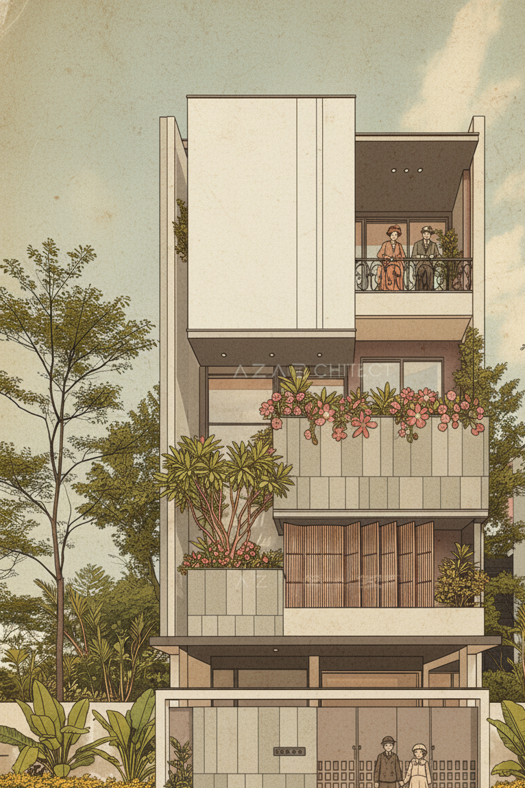 User Request: reference  for the colours, styling & lighting, retain the architectural details of the uplaoded image, make it a 2d flat lay like that of  , use the same european couple in the balcony

Reference from @version 5:
- Original prompt: ""Maintain original building proportions and design. Render a flat, 2D illustration in the style of vintage comics, using a limited palette of faded retro colors: muted teals, ochres, and rose pinks. Simulate the effect of aged paper. The building facade is a crisp white, like a cut-out piece of paper. Lighting should be soft and diffused, mimicking the glow of a vintage advertisement. Include six realistically rendered humans in early 20th-century European attire. A couple stands on a wrought-iron balcony, gazing outward. A woman tends to potted plants overflowing with vibrant, stylized blooms on another balcony. Two children, hand-in-hand, stand near the main gate at ground level. Plants should appear as distinct cutouts, adding to the collage effect. Emphasize texture and layering to create a vintage collage aesthetic.""
- Style: illustration
- Quality: standard
- Aspect ratio: 16:9
- Image type: 3d-mass
- Processing time: 8s

Please generate a new image based on the user request, using the referenced version(s) as context. Maintain consistency with the referenced styles and settings where appropriate, but prioritize the user's specific request.