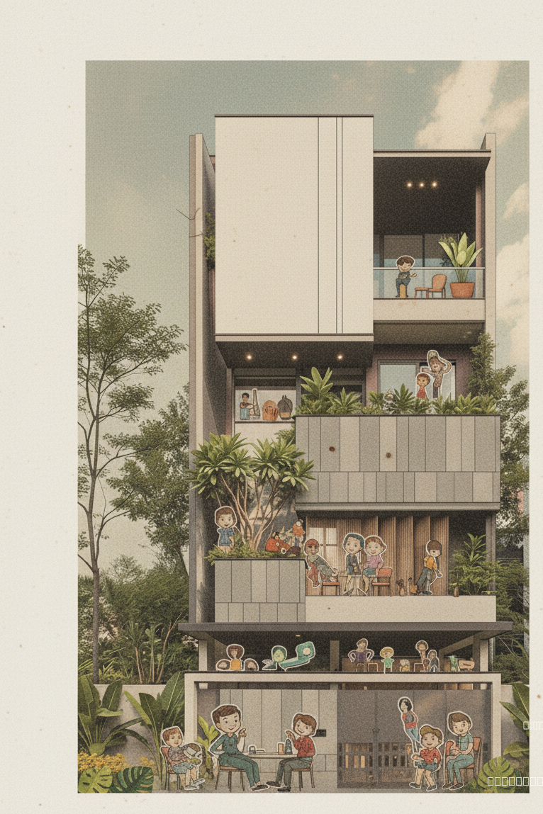 A vibrant architectural collage inspired by vintage magazine aesthetics. Imagine a crisp, white, oversized sheet of paper as the canvas. The color palette should evoke faded Kodachrome – muted reds, yellows, and teals. Architectural cutouts, resembling hand-cut paper, depict a modernist villa with flat roofs, large glass windows reflecting a hazy sunset, and exposed concrete textures.

Human figures, styled as realistic paper cutouts, are strategically placed to suggest a narrative – perhaps a couple admiring the villa, a child playing in a stylized garden. The garden features collaged plants: oversized, boldly colored Monstera leaves and geometric flower shapes. Lighting is soft and diffused, mimicking the slightly desaturated look of old magazine printing. The overall composition should be dynamic, with elements overlapping and creating depth, telling a story of modern living in a nostalgic, handcrafted style.