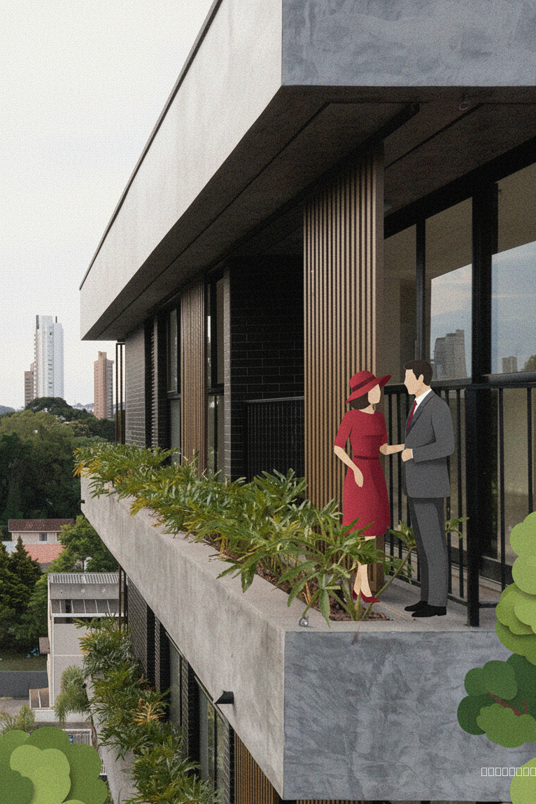 User Request: conver this iamge into the flat lay comic style of  with the same colours styling texture of paper, retain the architectural details, aspect ratio of the uploaded image, add the same european couple (woman wearing crimson dress with hat & man in charcoal suit) as the previous image, make it look like a collage with trees & human as cutouts

Reference from @version 5:
- Original prompt: ""Maintain original building proportions and design. Render a flat, 2D illustration in the style of vintage comics, using a limited palette of faded retro colors: muted teals, ochres, and rose pinks. Simulate the effect of aged paper. The building facade is a crisp white, like a cut-out piece of paper. Lighting should be soft and diffused, mimicking the glow of a vintage advertisement. Include six realistically rendered humans in early 20th-century European attire. A couple stands on a wrought-iron balcony, gazing outward. A woman tends to potted plants overflowing with vibrant, stylized blooms on another balcony. Two children, hand-in-hand, stand near the main gate at ground level. Plants should appear as distinct cutouts, adding to the collage effect. Emphasize texture and layering to create a vintage collage aesthetic.""
- Style: illustration
- Quality: standard
- Aspect ratio: 16:9
- Image type: 3d-mass
- Processing time: 8s

Please generate a new image based on the user request, using the referenced version(s) as context. Maintain consistency with the referenced styles and settings where appropriate, but prioritize the user's specific request.