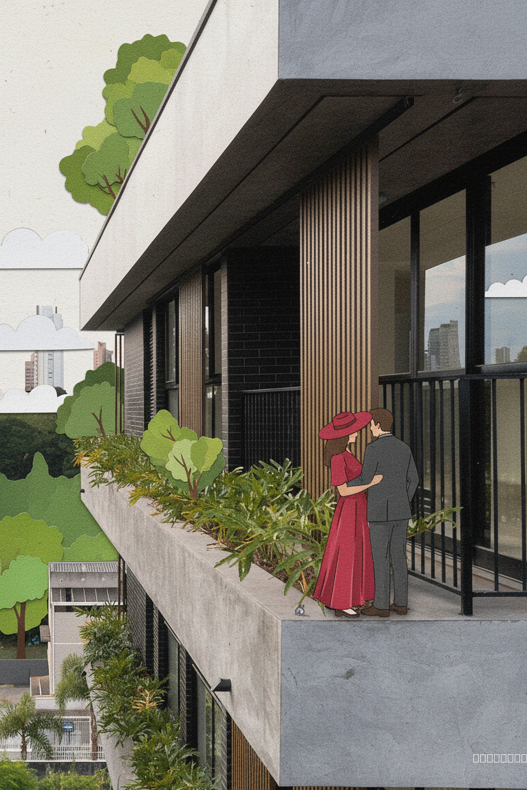 User Request: conver this iamge into the flat lay comic style of  with the same colours styling texture of paper, retain the architectural details, aspect ratio of the uploaded image, add the same european couple (woman wearing crimson dress with hat & man in charcoal suit) as the previous image, make it look like a collage with trees & human as cutouts

Reference from @version 5:
- Original prompt: ""Maintain original building proportions and design. Render a flat, 2D illustration in the style of vintage comics, using a limited palette of faded retro colors: muted teals, ochres, and rose pinks. Simulate the effect of aged paper. The building facade is a crisp white, like a cut-out piece of paper. Lighting should be soft and diffused, mimicking the glow of a vintage advertisement. Include six realistically rendered humans in early 20th-century European attire. A couple stands on a wrought-iron balcony, gazing outward. A woman tends to potted plants overflowing with vibrant, stylized blooms on another balcony. Two children, hand-in-hand, stand near the main gate at ground level. Plants should appear as distinct cutouts, adding to the collage effect. Emphasize texture and layering to create a vintage collage aesthetic.""
- Style: illustration
- Quality: standard
- Aspect ratio: 16:9
- Image type: 3d-mass
- Processing time: 8s

Please generate a new image based on the user request, using the referenced version(s) as context. Maintain consistency with the referenced styles and settings where appropriate, but prioritize the user's specific request.