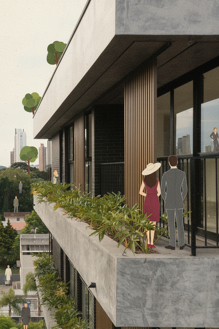 User Request: conver this iamge into the flat lay comic style of  with the same colours styling texture of paper, retain the architectural details, aspect ratio of the uploaded image, add the same european couple (woman wearing crimson dress with hat & man in charcoal suit) as the previous image, make it look like a collage with trees & human as cutouts

Reference from @version 5:
- Original prompt: ""Maintain original building proportions and design. Render a flat, 2D illustration in the style of vintage comics, using a limited palette of faded retro colors: muted teals, ochres, and rose pinks. Simulate the effect of aged paper. The building facade is a crisp white, like a cut-out piece of paper. Lighting should be soft and diffused, mimicking the glow of a vintage advertisement. Include six realistically rendered humans in early 20th-century European attire. A couple stands on a wrought-iron balcony, gazing outward. A woman tends to potted plants overflowing with vibrant, stylized blooms on another balcony. Two children, hand-in-hand, stand near the main gate at ground level. Plants should appear as distinct cutouts, adding to the collage effect. Emphasize texture and layering to create a vintage collage aesthetic.""
- Style: illustration
- Quality: standard
- Aspect ratio: 16:9
- Image type: 3d-mass
- Processing time: 8s

Please generate a new image based on the user request, using the referenced version(s) as context. Maintain consistency with the referenced styles and settings where appropriate, but prioritize the user's specific request.