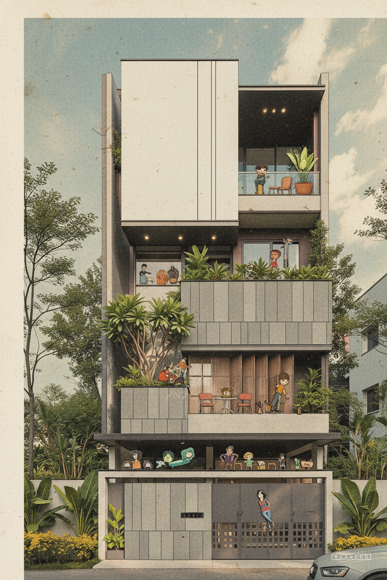 convert this image into a flat lay illustration, make it on paper, textured colours, old magazine style, collage style people & furniture and plants, make it like a comic illustration, keep all the features of the image inatct, keep aspect ratio & design the same