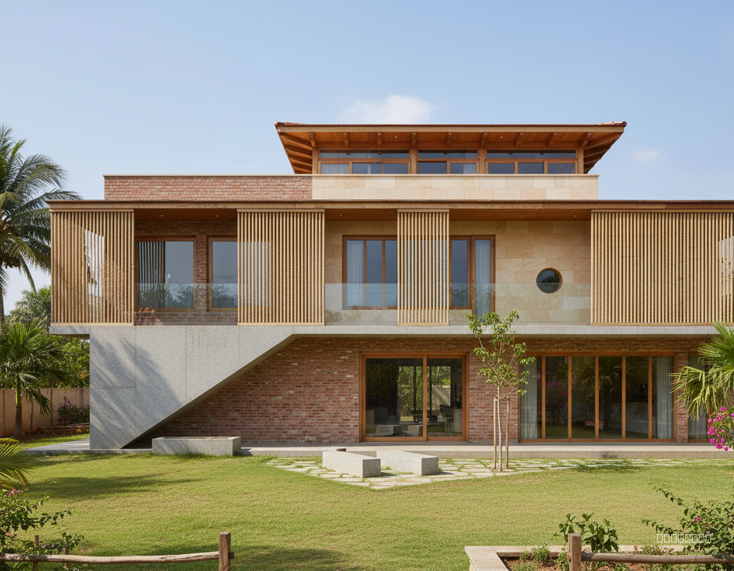 make it photorealistic image of this, in indian context and intdian materials, a residential farmhosue