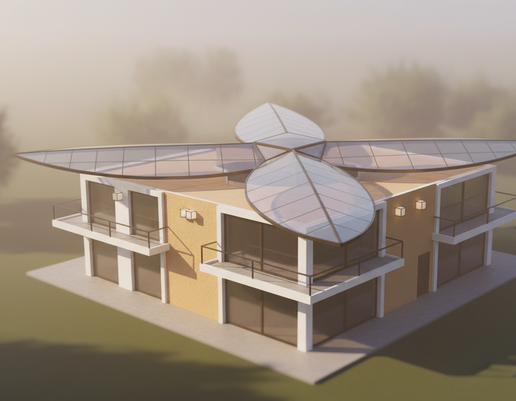 Create a hyperrealistic 3D render of a modernist two-story building inspired by conceptual architectural sketch. The structure has clean geometric lines and a distinctive petal-shaped roof canopy made of light, tensile material or glass-like panels arranged symmetrically over the central core.

The building façade is composed of warm ochre plaster and white trim, featuring balconies with dark metal railings and minimalist wall sconces. Capture realistic textures — subtle imperfections in plaster, matte metal finishes, and reflections on glass.

Surround the building with a soft natural environment — gentle sunlight filtered through haze, casting realistic shadows of the petal canopy onto the structure. The atmosphere should be serene and architectural, with diffused daylight, slight volumetric fog, and a cinematic tone.

Use 35mm lens perspective, f/2.8 aperture, and soft global illumination to enhance realism. The material detailing should convey architectural precision, while the lighting evokes the calm sophistication of a design magazine render.

Emphasize:

Hyperreal textures and lighting

Natural reflections and occlusion

Subtle ambient warmth

Balanced contrast between white, ochre, and metallic tones

The final render should feel photoreal yet artistic, as if a visionary concept has come to life.