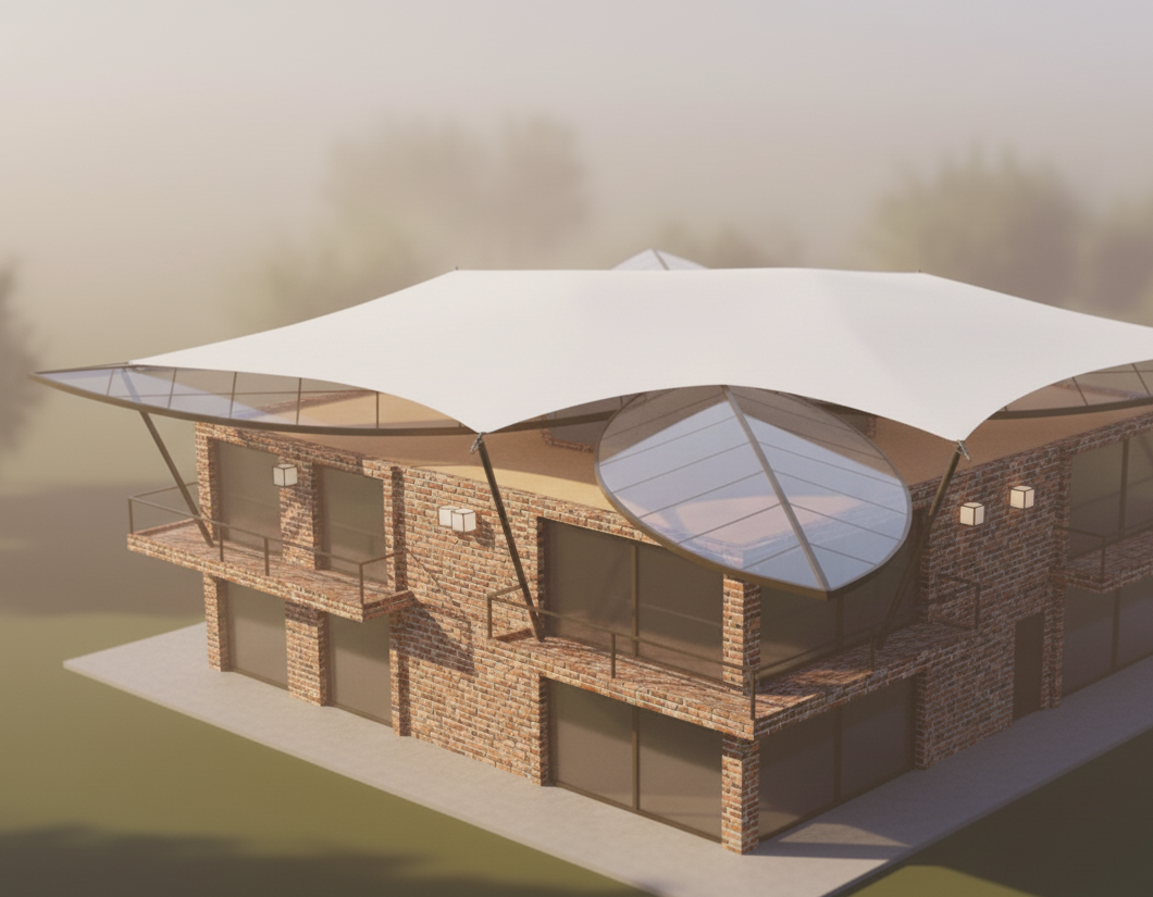 make it brick facade and make it more hyper real like a photoreal camera shot , add tensile canopy 