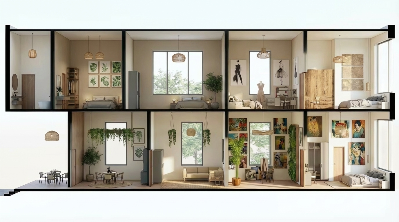 second room from left in upper floor let the wall color bs as the other walls i wanna a monochrome walls and open a window above the bed , the room beside it from right let the wardrobe be wooden color and texture and remove plants behind it and remove plant wall but keep the floor plants